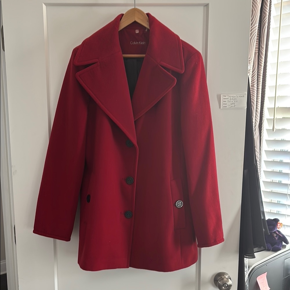 Calvin Klein Red Pea Coat with Classic Design